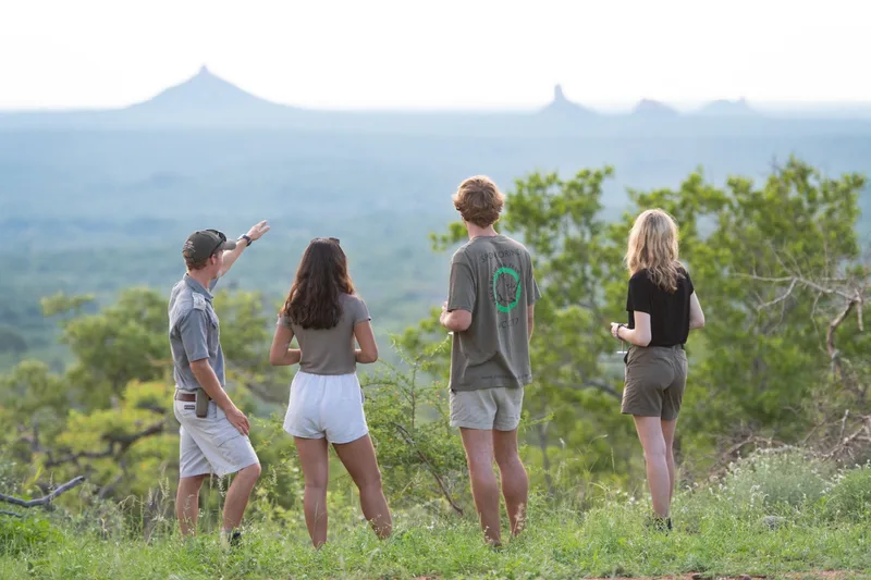 Four guests standing on a hilltop looking out over the bushveld at dusk