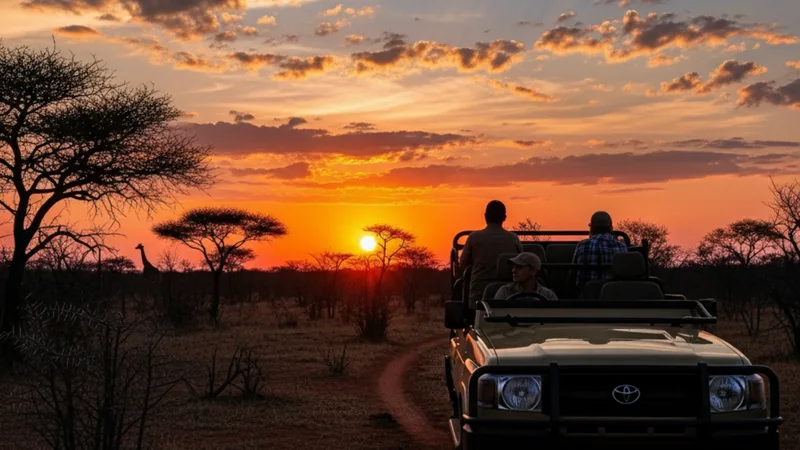 A safari vehicle silhouetted against an orange and pink sunset