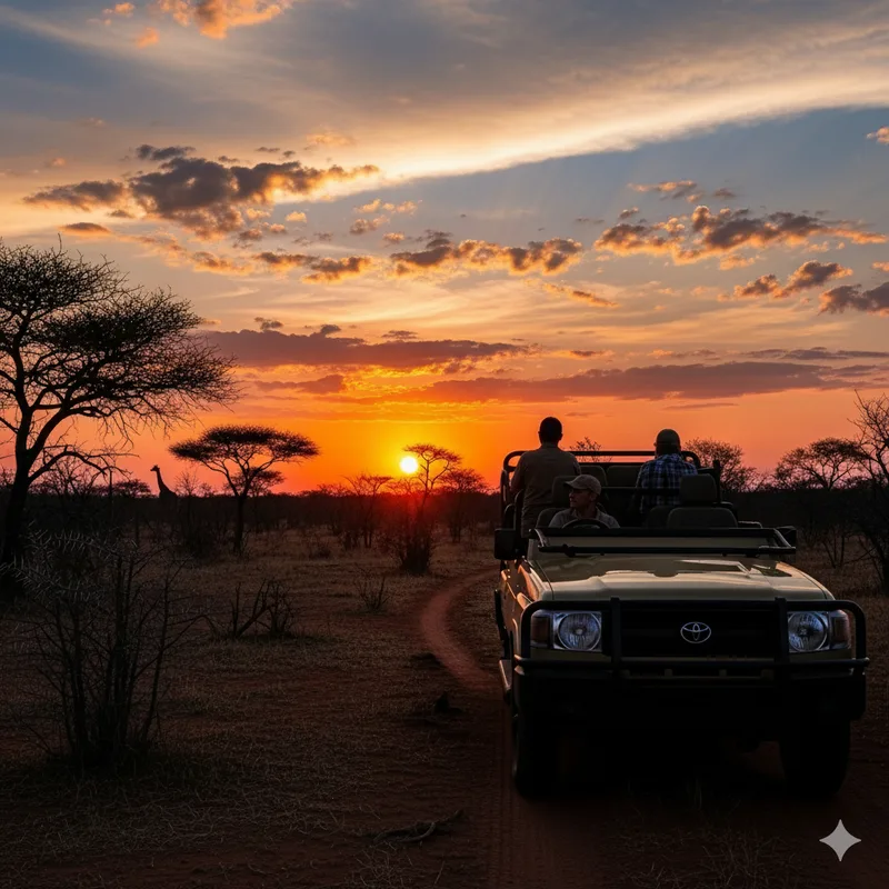 A safari vehicle silhouetted against a burning orange sunset over the bushveld