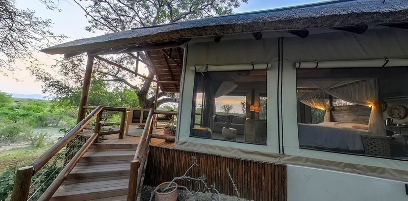 The camp's raised deck and lounge seen from outside, tucked under the trees