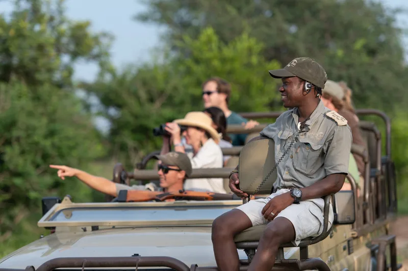 A guide pointing something out to guests seated in an open safari vehicle